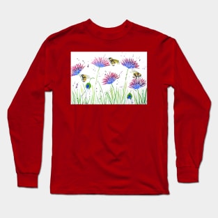 Bumble bees and Blue and Purple Flowers Long Sleeve T-Shirt